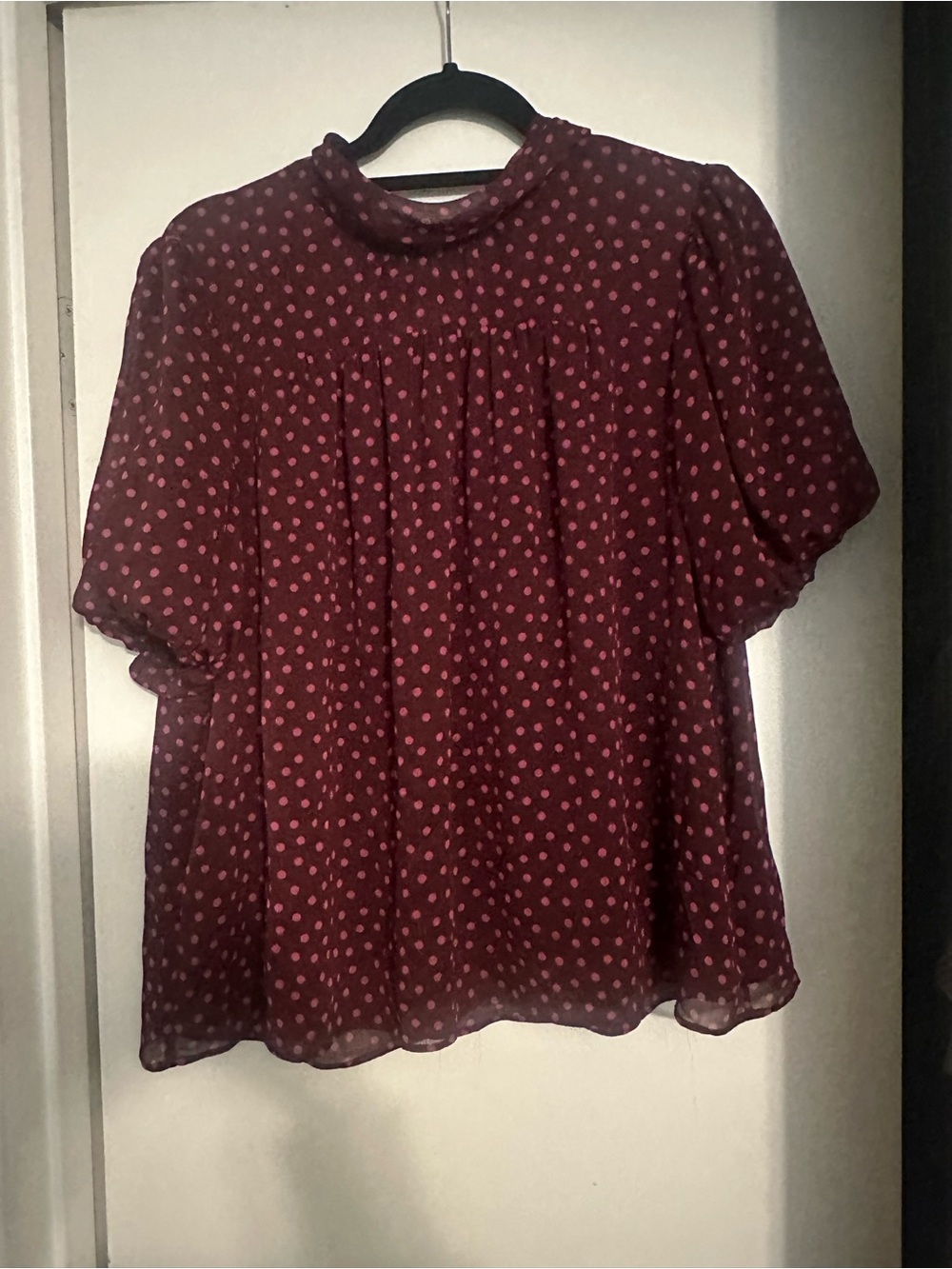 Ann Taylor Burgundy Blouse with Pink Polka Dots